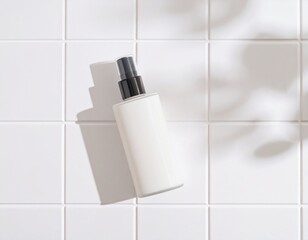 白いタイルと朝の光に映える化粧品ボトル