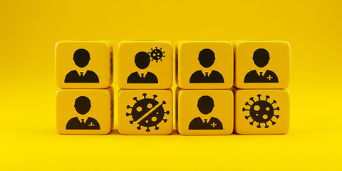 Nine blocks with human icons and virus symbols on yellow background representing pandemic workforce
