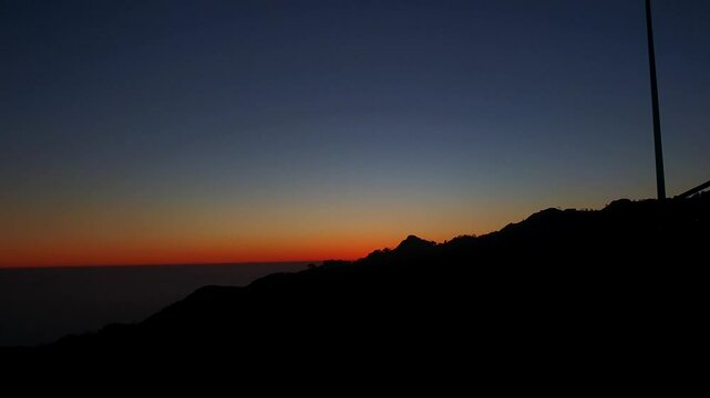Mussoorie forest Uttarakhand winter lineis visible on the western horizon in the evening from midOctober to January. Sun sets, shades of yellow, red, orange, purple.