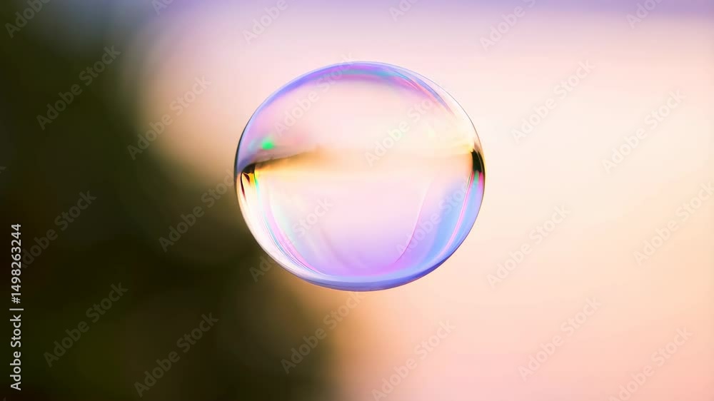 Poster close-up of a transparent iridescent soap bubble floating with nature reflected on its surface, in a