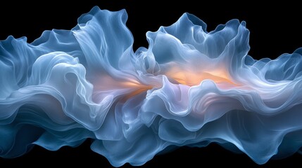 Intricate layers of ethereal blue and orange abstract waves flowing on a black background