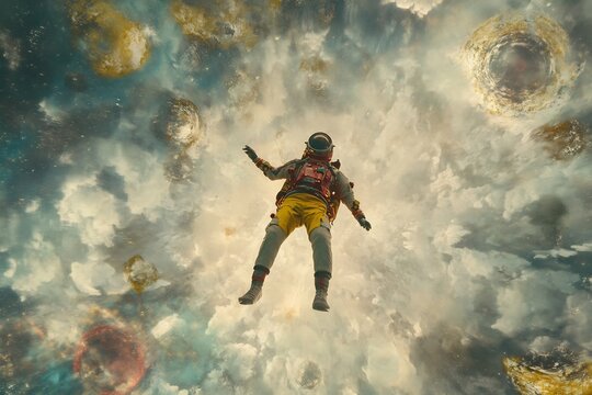 Astronaut floating through the multiverse observing alternate Earths futuristic tech and cosmic wonders across infinite realms featuring time travel