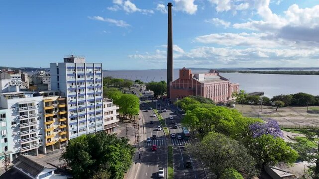 Gasometro Plant At Porto Alegre Rio Grande Do Sul Brazil. Amazing Skysrapers And Traffic On Street Viewed From Above. Town Sky Backgrounds Urban. Town Panoramic City. Porto Alegre Rio Grande do Sul.