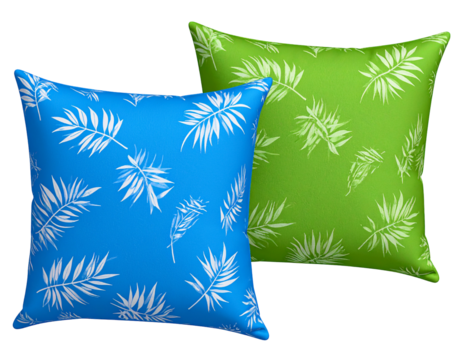 Pair of square pillows, vibrant blue and green, featuring a white leaf pattern