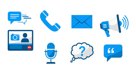Vibrant Blue Communication Icons Set Featuring Messaging, Phone, Email, and Megaphone for Digital Marketing and Social Media