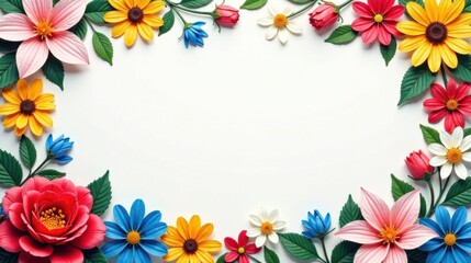 Fototapeta premium Vibrant Floral Border Featuring a Collection of Colorful Blossoms Arranged in a Frame, Ideal for Invitations, Announcements, or Decorative Purposes