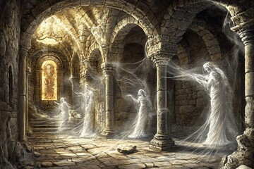 Obraz premium Ancient mythology relic glowing a cave of lost time guarded by ethereal spirits and floating light