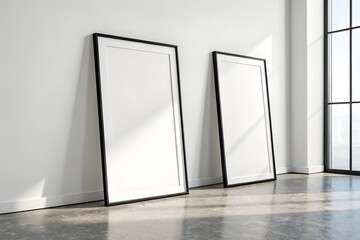Two blank white canvases in black frames lean against a white wall