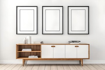 Modern minimalist living room decor with wooden sideboard and three black framed pictures