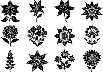 Elegant vector petunia flowers silhouettes. unique flower silhouette vector,A collection of diverse flower silhouettes in a minimalistic design style showcasing various shapes and forms.