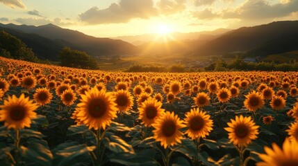 Fototapeta premium Golden Hour Sunflowers: A Serene Sunset Landscape