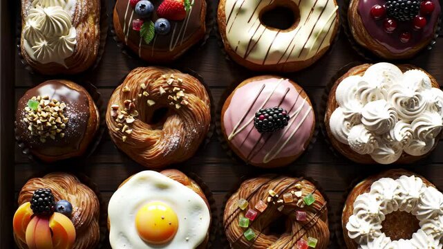 Indulging in a colorful array of gourmet treats at a cozy bakery filled with delicious pastries and sweets