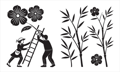 Two people reaching for giant flower and bamboo plants