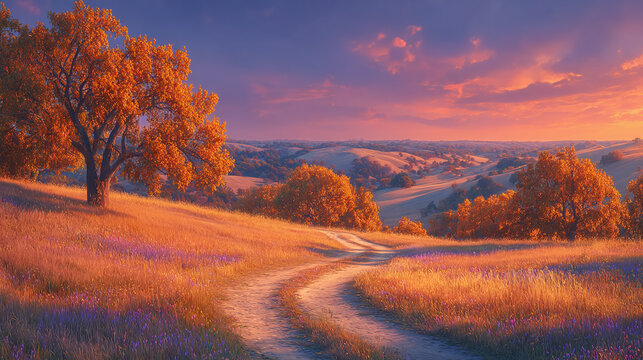 Curved dirt path through golden hills with orange autumn trees at sunset, romantic countryside landscape for seasonal travel and scenic visuals