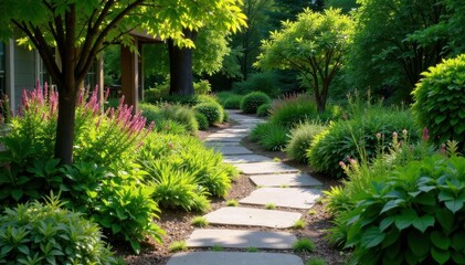 Fototapeta premium Stone pathway winding through garden, creating a natural, meandering design , grey, spring, garden
