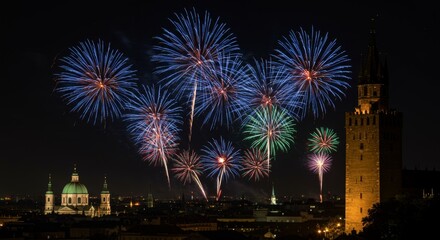 Naklejka premium Spectacular fireworks display lighting up the night sky over a historic city skyline with a prominent tower