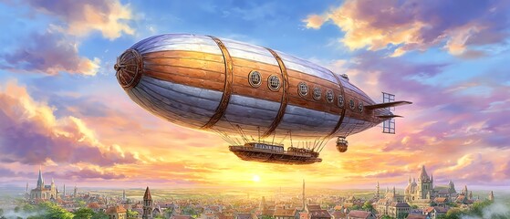 Naklejka premium giant steampunk airship hovering over medieval kingdom, fantasy sunset backdrop, dramatic clouds, detailed environment