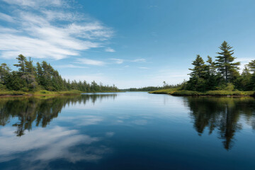 Naklejka premium serene lake surrounded by lush green forests in nova scotia reflecting clear blue sky