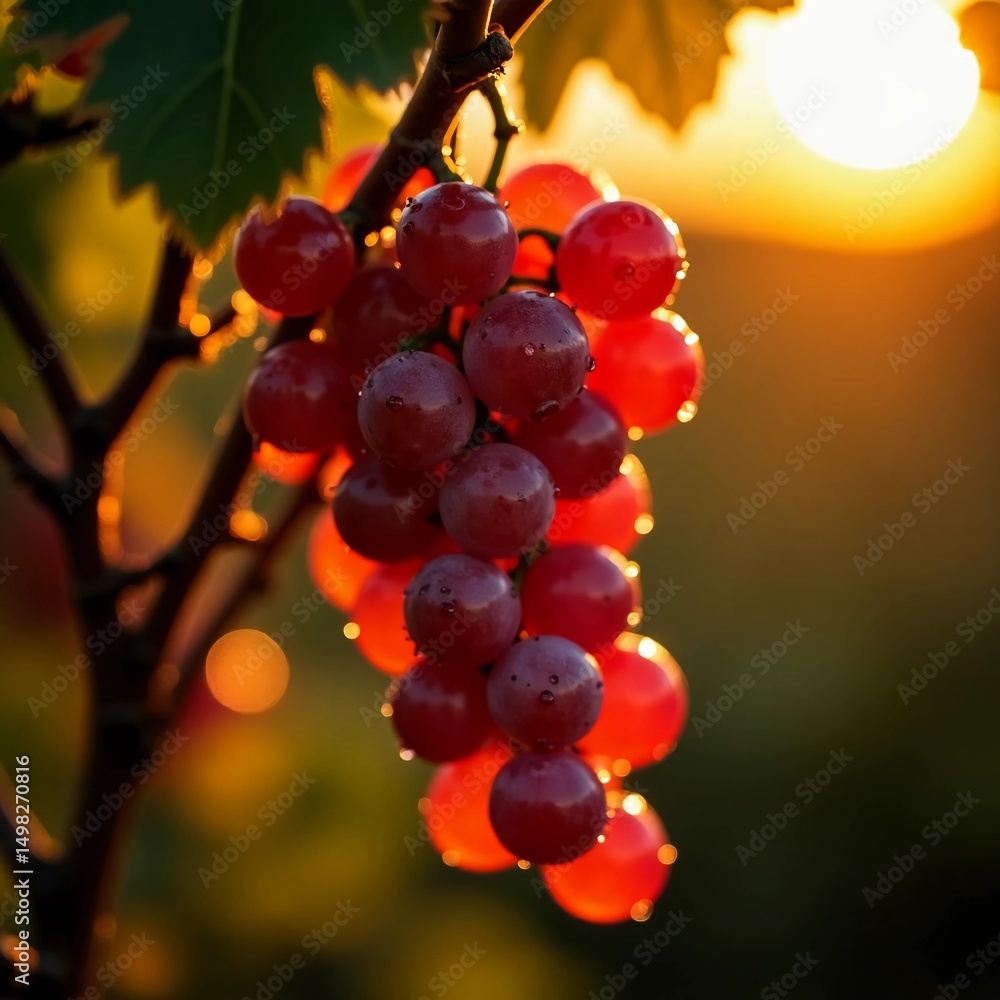 Poster Clusters of vibrant red grapes hang delicately from a vine, illuminated by the soothing glow of a setting sun. The vineyard radiates warmth and tranquility as day transitions to night Generative AI