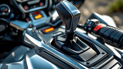 Gear shift of a three-wheeled roadster in neutral setting.