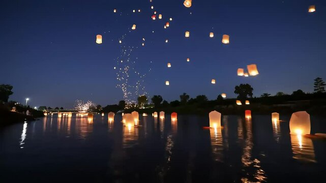 Floating lanterns illuminate the night sky and reflect on the tranquil water
