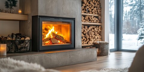 Cozy modern interior with a fireplace and stacked firewood during winter