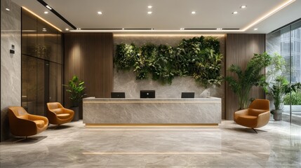Modern Lobby Reception Area Design with Greenery Wall