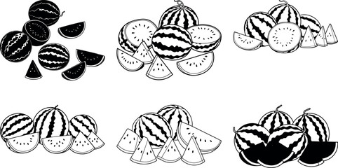 Delicious summer watermelons whole slices pieces black and white illustration