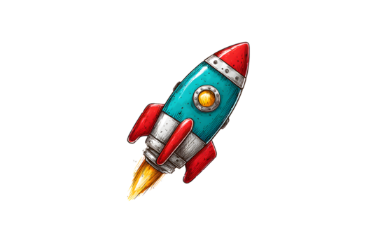 Retro Rocket Ship Launching into Space with Vibrant Colors and Dynamic Flames