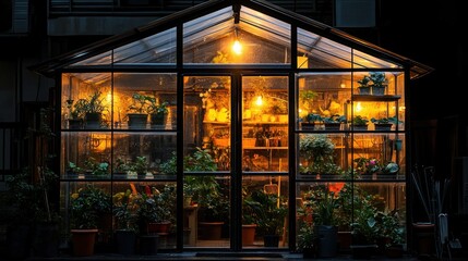 Illuminated Greenhouse at Night: A Haven of Plants