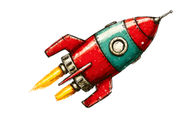 Retro Rocket Ship with Vibrant Colors and Dynamic Flames for Space Exploration Themes