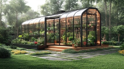 Modern Greenhouse in a Lush Garden