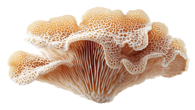 Mushroom identification guide: close up of a polypore mushroom with unique texture and gills on transparent background