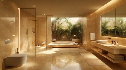 Luxurious Beige Bathroom with Garden View