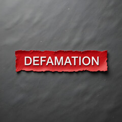 Red color inserted label with word defamation on gray background