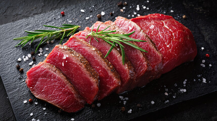 Raw beef slices with rosemary, salt and pepper on black slate, close-up gourmet ingredient styling for meat and grill-related visuals