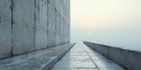 Obraz premium Elevated Concrete Pathway Leading to a Misty Horizon at Dawn
