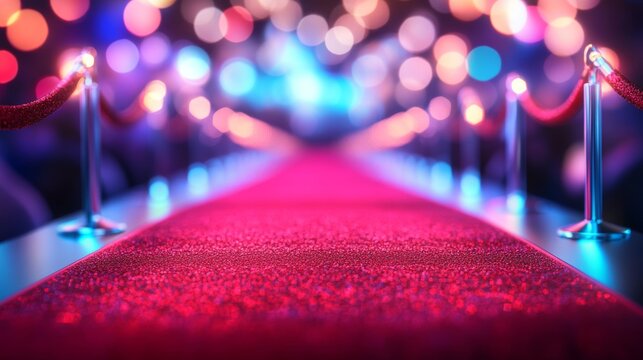 Colorful red carpet leading to a glamorous event venue adorned with bright lights and festive decorations