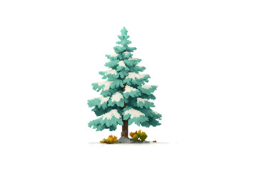 Fototapeta premium SnowCovered Pine Tree in Winter Landscape Pixel Art Style for Games and Design Projects