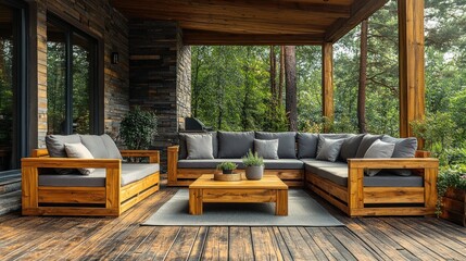 Rustic Wooden Patio Furniture Set in a Forest Setting