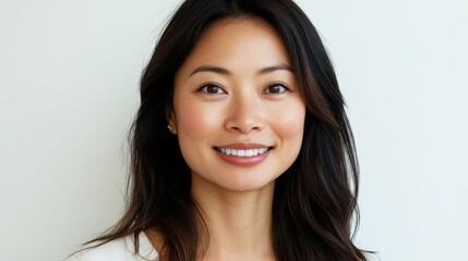 Fototapeta premium Smiling woman with long dark hair in a portrait shot.