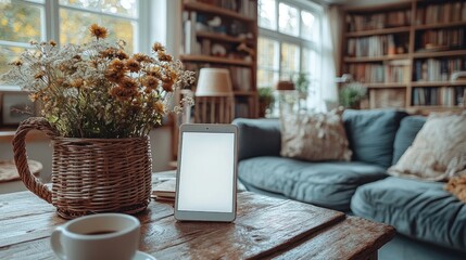 Cozy Autumn Home Interior with Tablet and Flowers