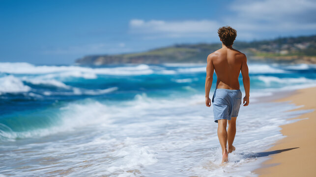 Relaxed man walking barefoot along the shoreline of a tropical beach, soaking in the sun and ocean breeze beach lifestyle, summer freedom, coastal vacation, travel happiness, tropi