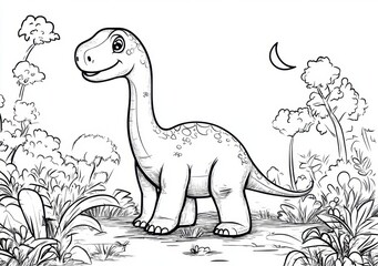Fototapeta premium 線画の可愛い恐竜、夜空の下の植物の中