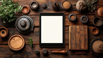 Tablet Mockup on Rustic Wooden Table with Herbs and Spices