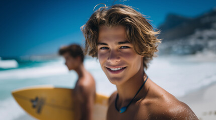Energetic young duo heading to the sea with surfboards in hand, excited for a day of surfing fun surf trip, beach day, surfers walking, active summer, friends at the beach.