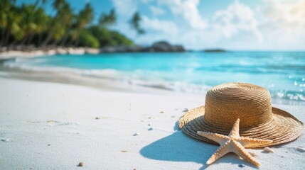 Relaxing beach setting with straw hat and starfish by the shoreline on a sunny day