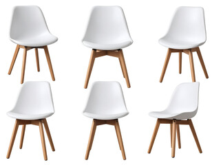 Six white plastic chairs with light wood legs, arranged in rows