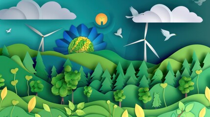 Paper Art Depicting a Green Landscape with Wind Turbines and Trees