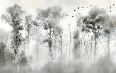 Obraz premium A geographical photograph shows a forest of Sycamore trees with the sky visible and birds in light beige, green, and pastel blue colors. The picture shows the magnificence of nature with tall trees.